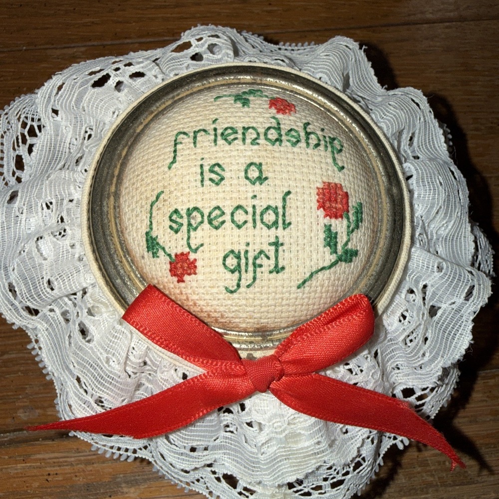 Vintage 90s Handmade Lidded‎ Glass Jar Lace Ruffle Cross Stitch "Friendship.."